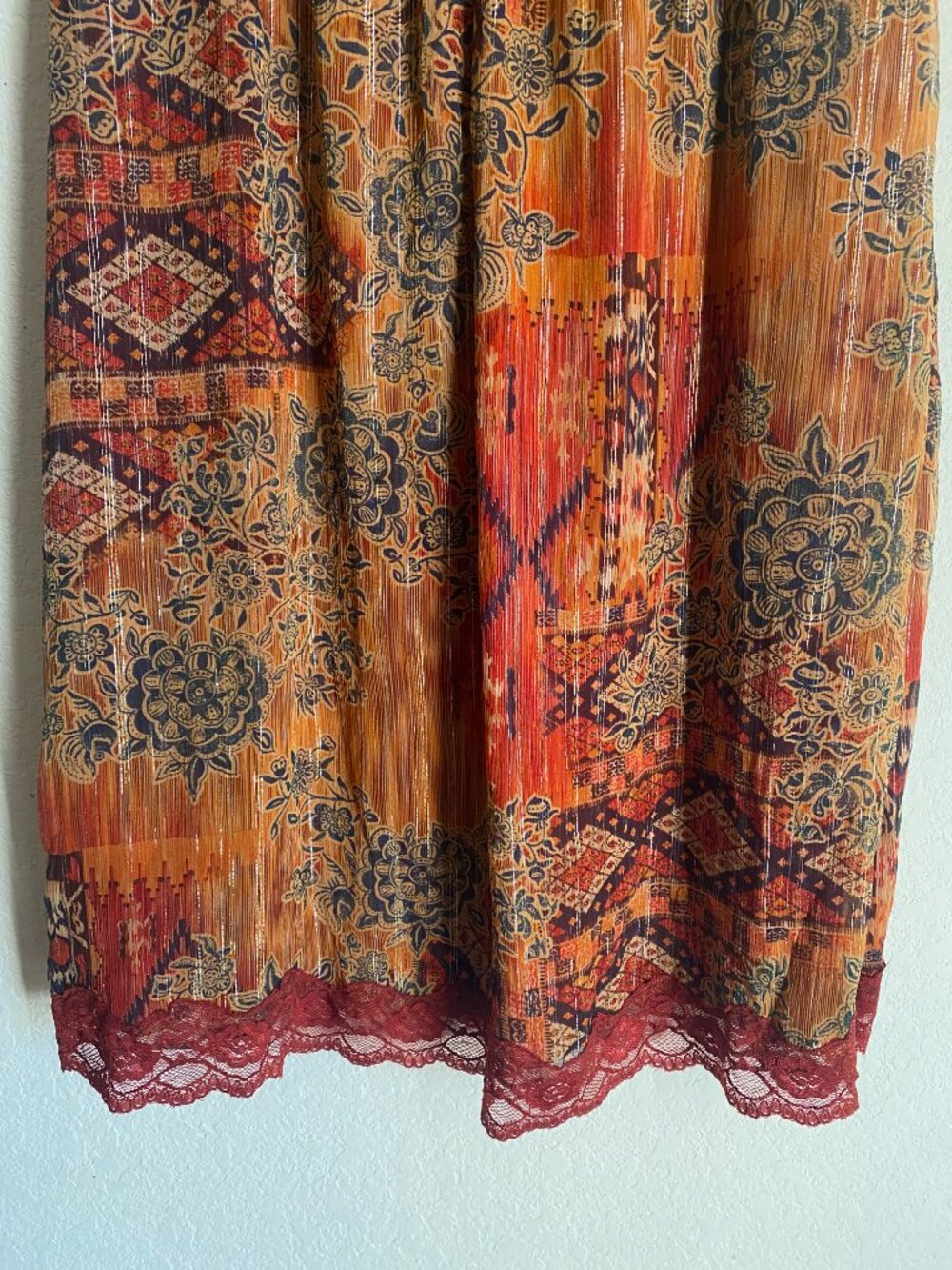 100% Silk Bohemian Paisley Lace-Trim Midi Gypsy Ethereal Dress Robbie Bee - Picture 3 of 11